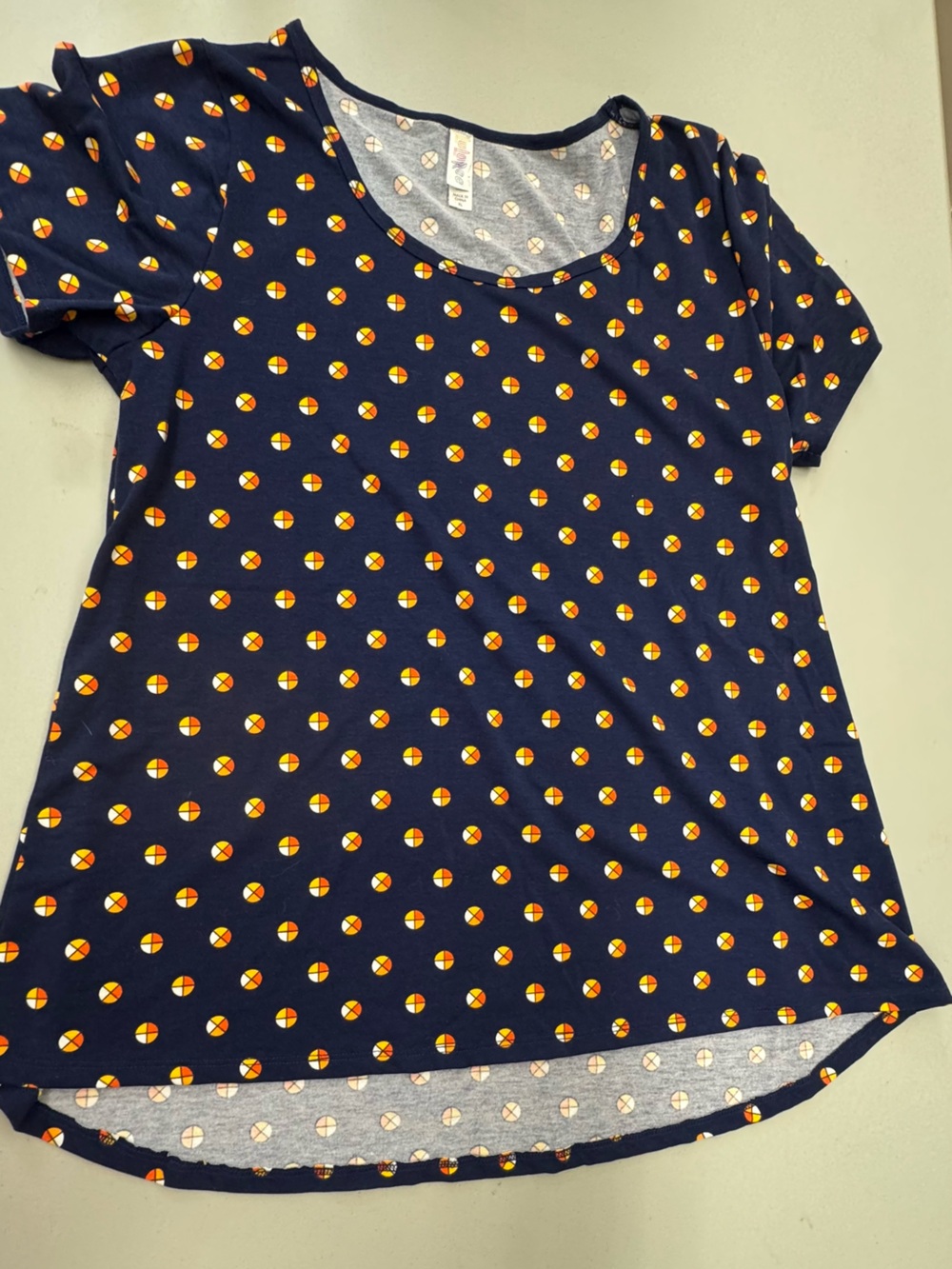LuLaRoe Navy Short Sleeve Top with Yellow & Orange Dot Motif